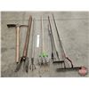 Image 1 : Long Handle Tool Grouping: Pick Axe; Post Hole Digger; Grass Whip; Hoe; Rake; etc