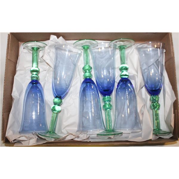 VINTAGE GREEN/BLUE WINE GLASSES (6)