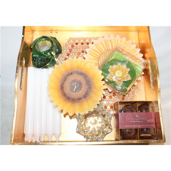 DECORATIVE TRAY W/ CANDLES/HOLDERS/MISC