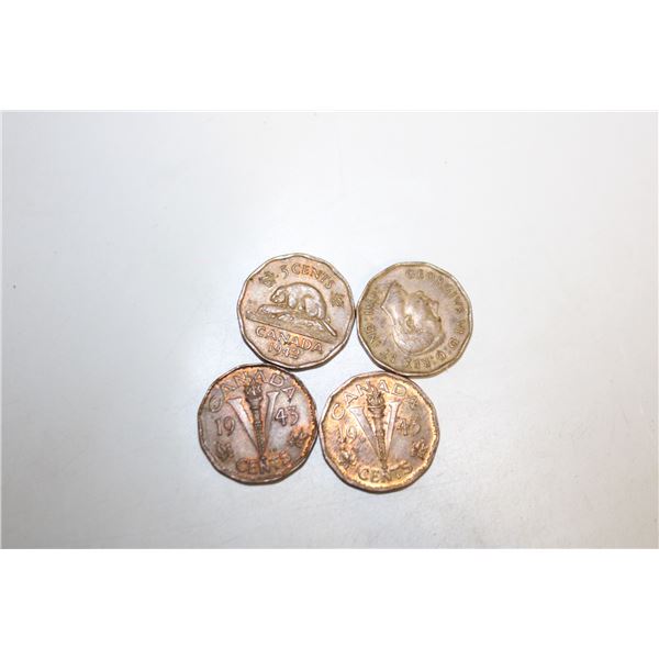 1942-43 LOT OF 4 WWII CANADA TOMBAC NICKELS
