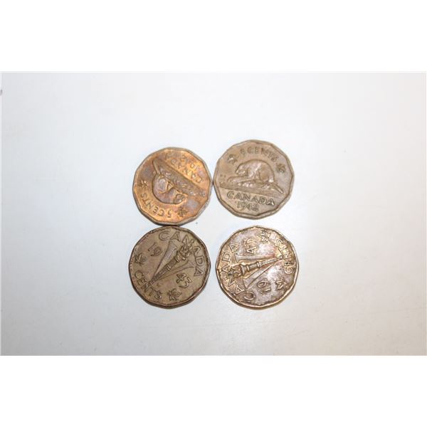 1942-43 LOT OF 4 WWII CANADA TOMBAC NICKELS