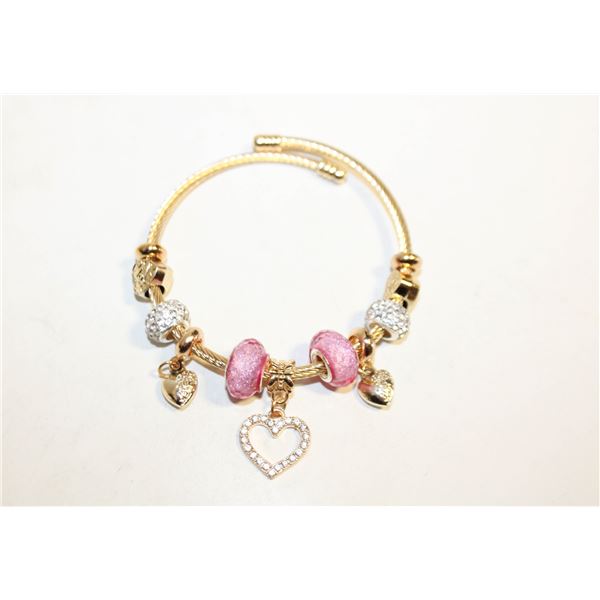 NEW CHARM HEART PINK, GOLDTONE, RHINESTONES
