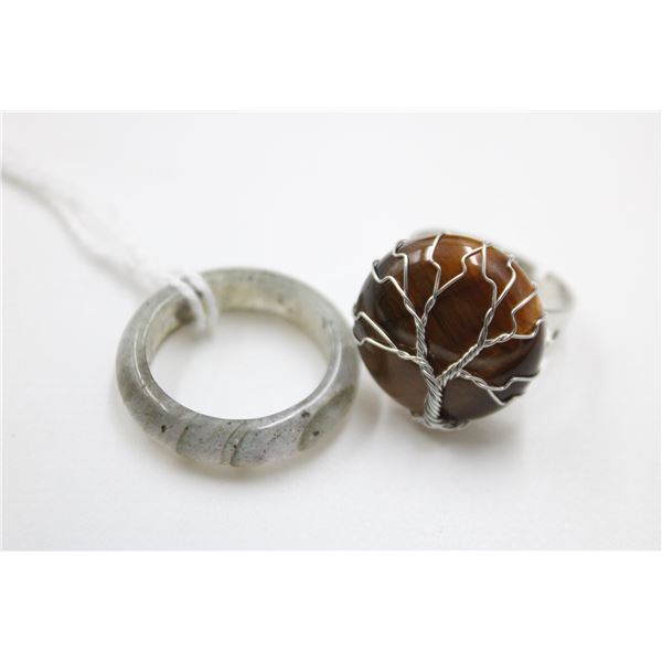 #234- NATURAL TIGER EYE & GREEN  PRENITE  RING 2PC