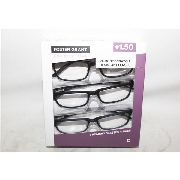 FOSTER GRANT 3 READING GLASSES, 1 CASE, +1.50