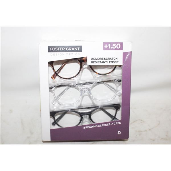 FOSTER GRANT 3 READING GLASSES, 1 CASE, +1.50 LADI