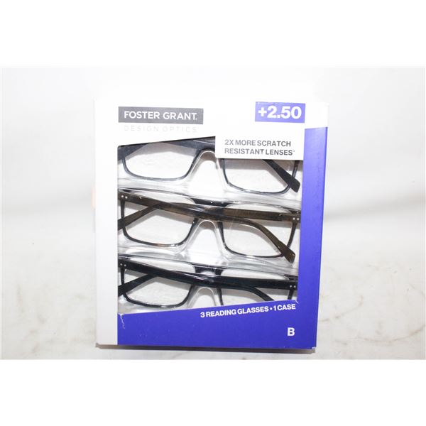 FOSTER GRANT 3 READING GLASSES, 1 CASE, +2.50