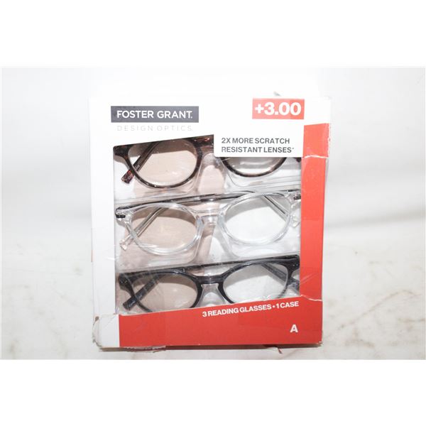 FOSTER GRANT 3 READING GLASSES, 1 CASE, +3.00 LADI