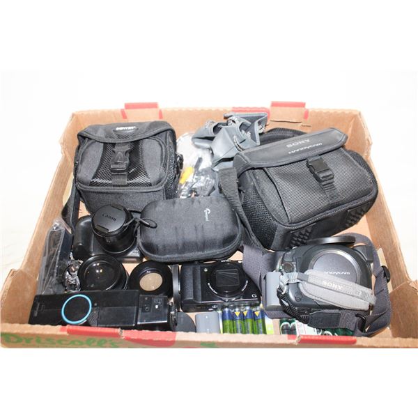 FLAT OF CAMERAS/VIDEO CAMERA/LENSES/BATTERIES
