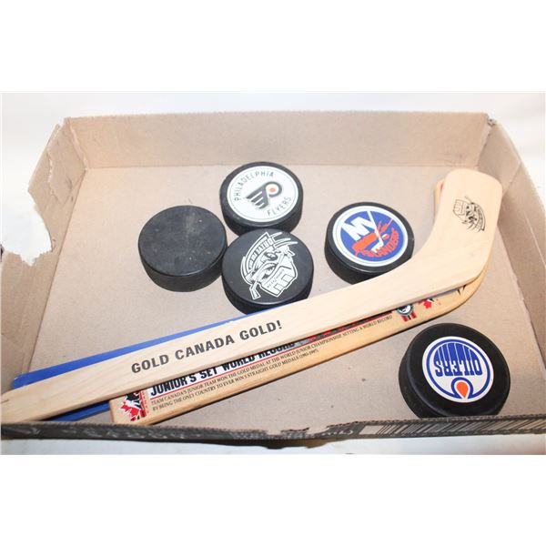 VINTAGE NHL TEAM PUCKS AND COLLECTABLE MINI