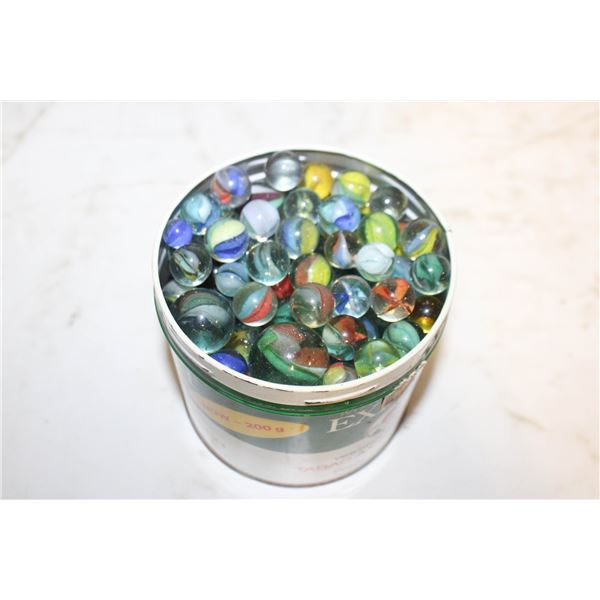 TOBACCO TIN FILLED WITH MARBLES. ESTATE