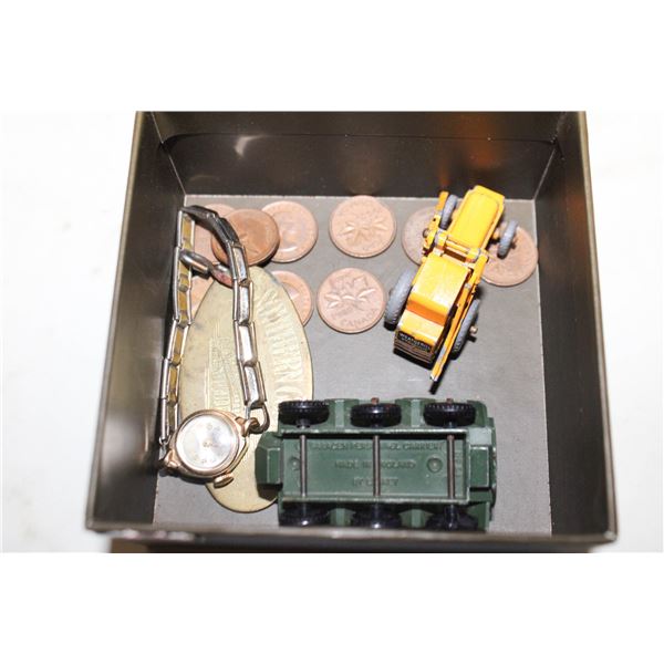 CIGAR BOX /W DIE CAST METAL TOYS, PENNIES & OLD