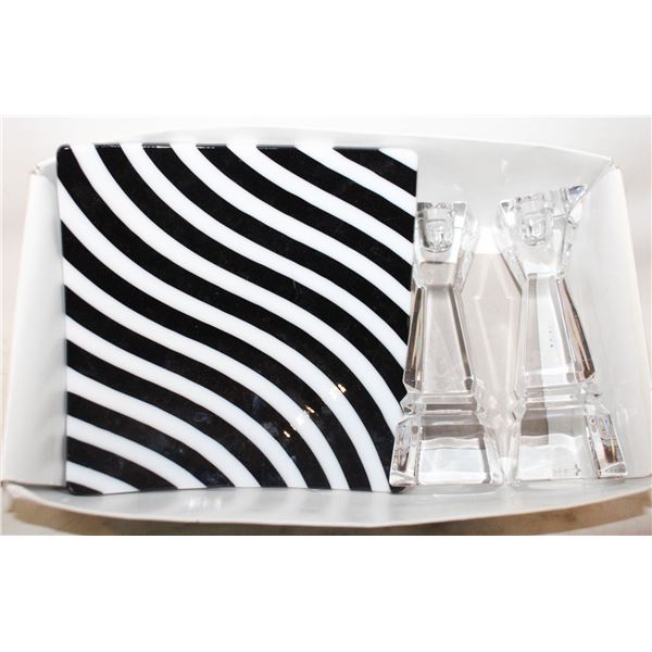 PAIR OF BIRKS CRYSTAL CANDLE HOLDERS + FUSED GLASS