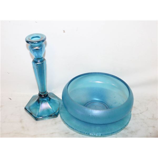 FENTON BLUE STRETCH GLASS PLATE + BOWL CELESTIAL