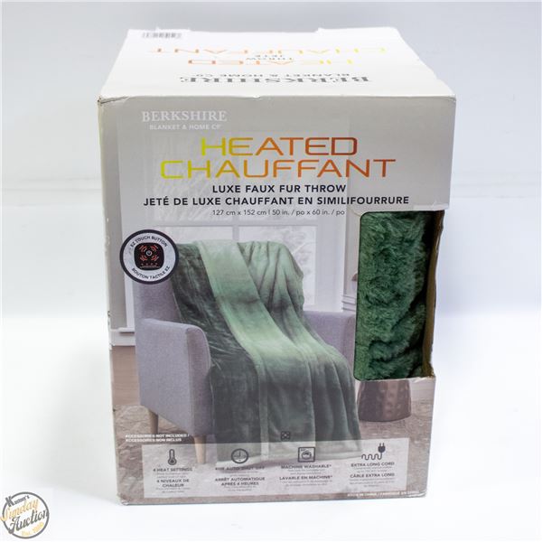 BERKSHIRE HEATED LUXE FAUX FUR THROW BLANKET GREEN