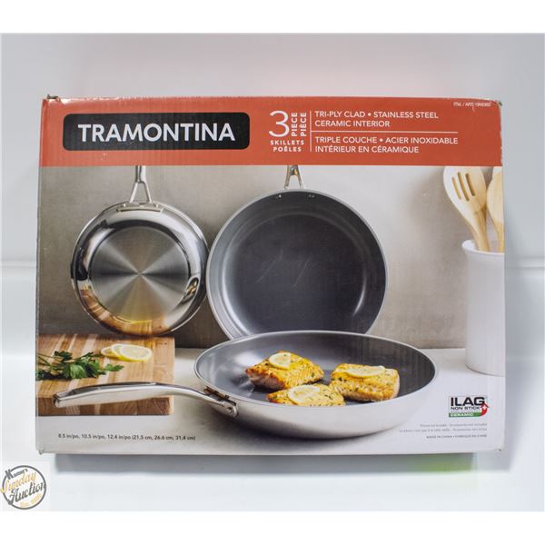 3 PC TRAMONTINA STAINLESS STEEL SKILLET SET