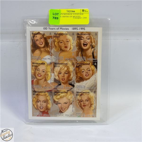 MARILYN MONROE 9 POSTAGE STAMPS 100YRS OF MOVIES