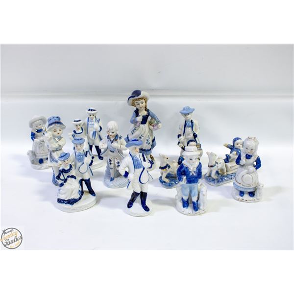 12 BLUE/WHITE PORCELAIN FIGURES