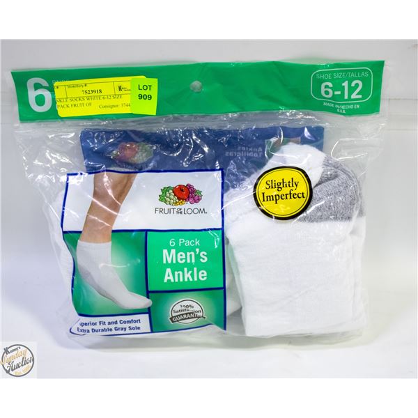 ANKLE SOCKS WHITE 6-12 SIZE 6-PACK FRUIT OF