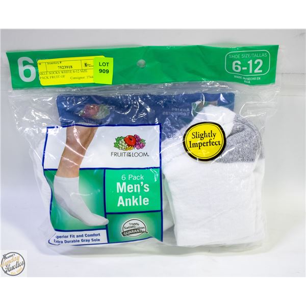 ANKLE SOCKS WHITE 6-12 SIZE 6-PACK FRUIT OF