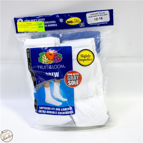 WHITE CREW SOCKS 12-16 SIZE 6-PACK FRUIT OF