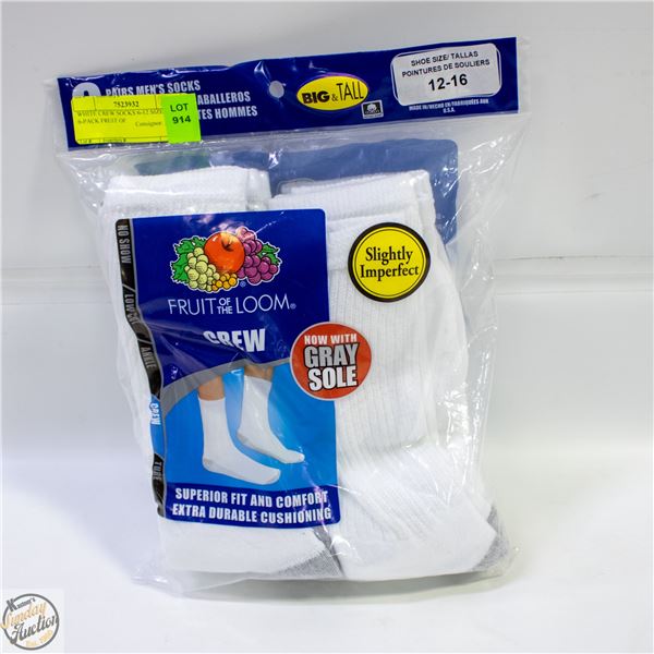 WHITE CREW SOCKS 12-16 SIZE 6-PACK FRUIT OF