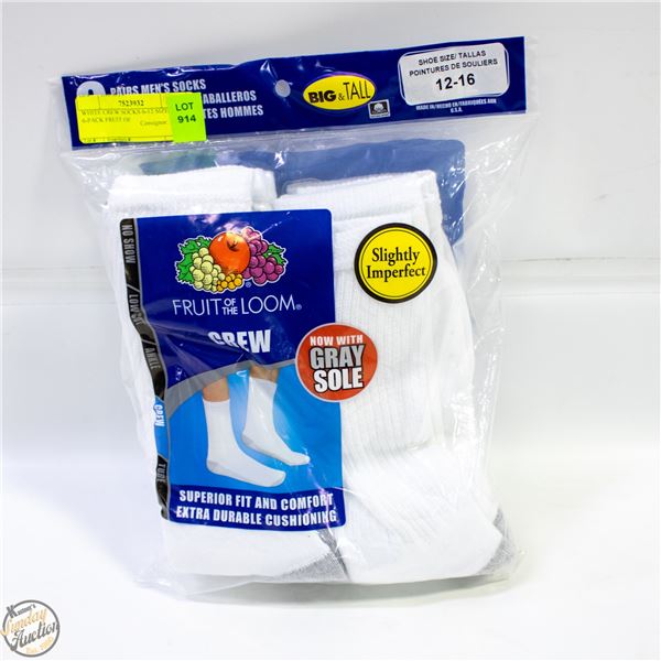 WHITE CREW SOCKS 12-16 SIZE 6-PACK FRUIT OF