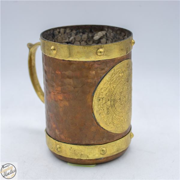 VTG MEXICAN HAMMERED COPPER & BRASS MUG IN