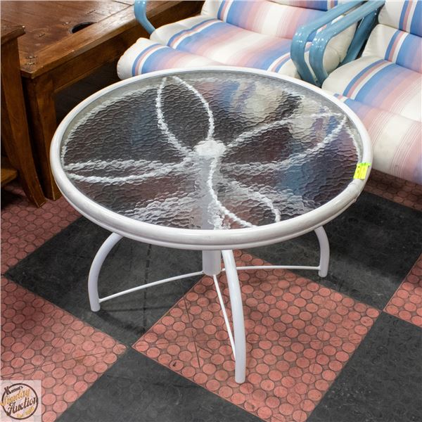 WHITE ROUND GLASS TOP PATIO TABLE 30" X 21"