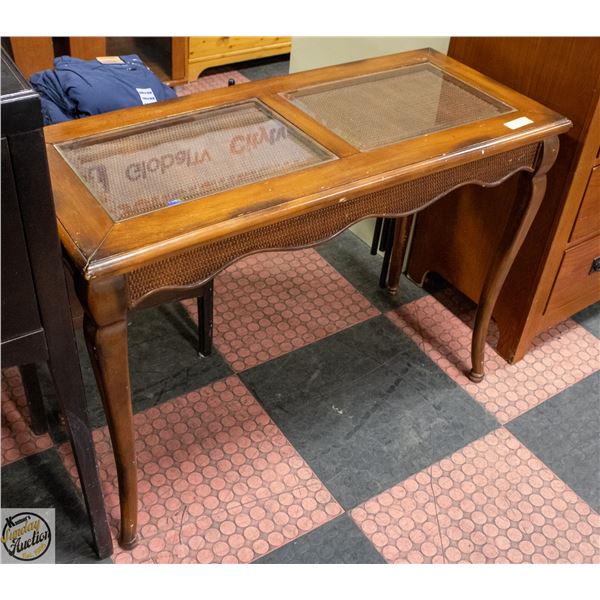 GLASS TOP DARK WOOD HALLWAY TABLE