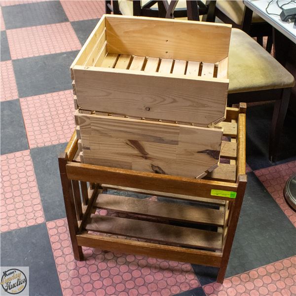WOOD END TABLE & STACK BINS