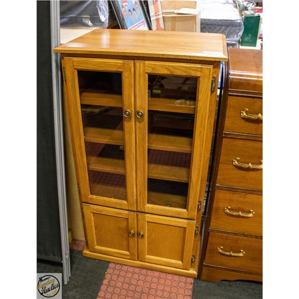 OAK & GLASS DOOR CABINET WITH SLIDE OUT SHELF