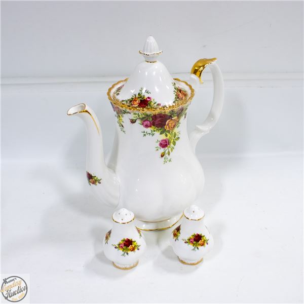 ROYAL ALBERT COFFEE POT WITH SALT & PEPPER SHAKERS