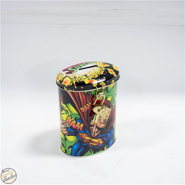 SUPERMAN TIN COIN BANK COMES WITH LOCK