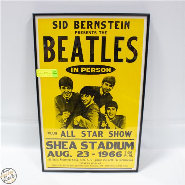 14" X 22" METAL FRAMED 1966 BEATLES SHEA STADIUM