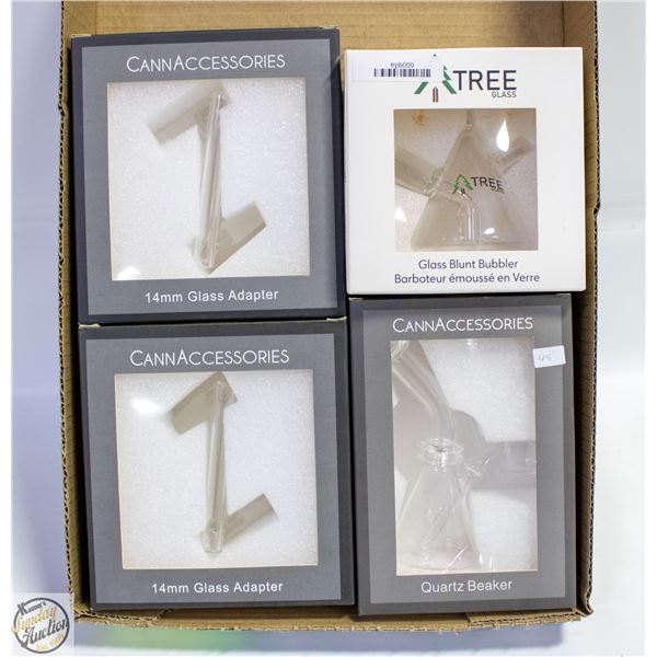 GLASS QUARTZ BEAKER, BUBBLER AND 2 ACCESSORIES