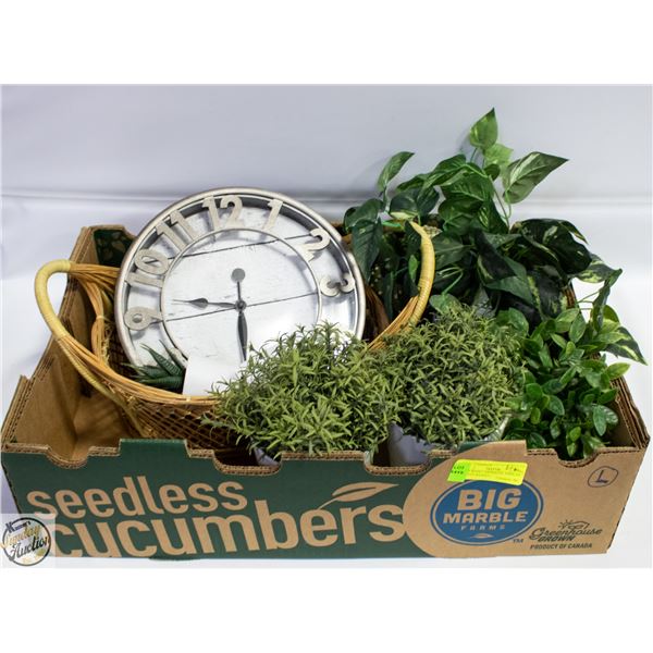 FLAT WITH 7 ARTIFICIAL DISPLAY PLANTS, BASKET,
