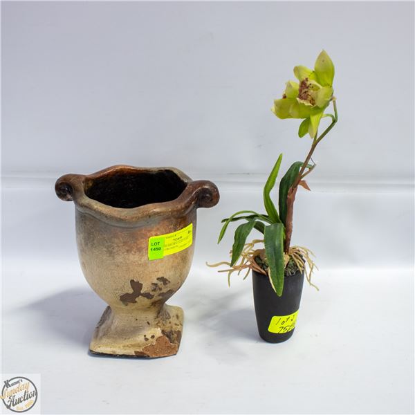 REDDISH-BROWN CLAY VASE + GREEN ORCHID IN