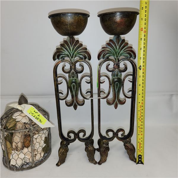 GREEN “ANTIQUED” CANDLE HOLDERS (SET OF 2)