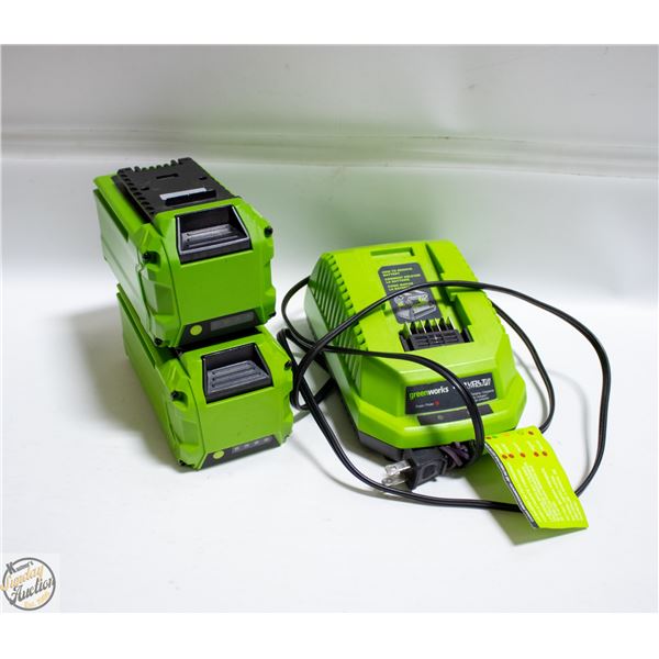 GREENWORKS 40 VOLT CHARGER WITH TWO BATTERIES