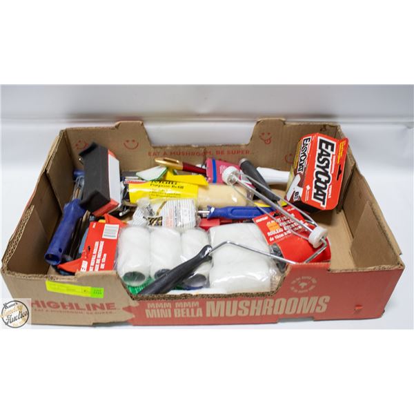 LARGE FLAT OF PAINTING SUPPLIES AND TOOLS