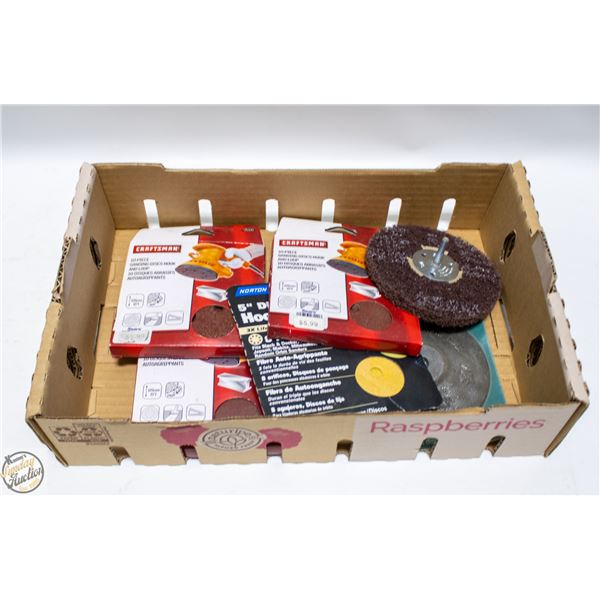 FLAT OF NEW SANDING DISCS AND PADS ETC