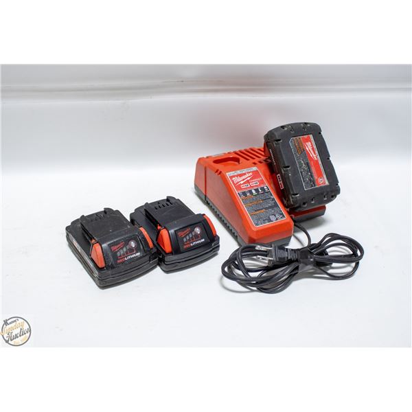 MILWAUKEE 12V/18V CHARGER WITH 3 X 18V BATTERIES
