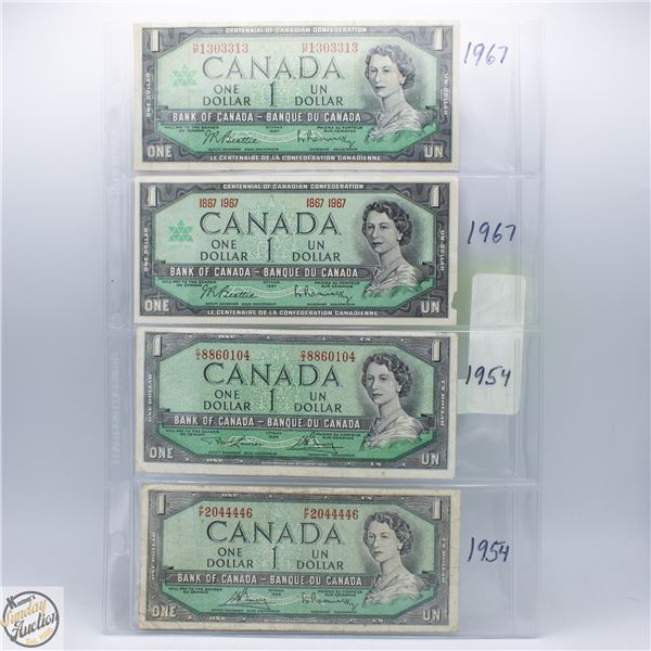 CANADIAN 4X$1 1954 AND 1967 BANK NOTES