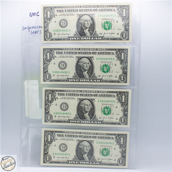 USA 4X$1 UNCIRCULATED SEQUENTIAL NOTES
