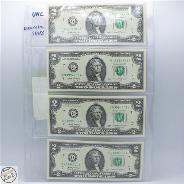 USA 4X$2 UNCIRCULATED SEQUENTIAL NOTES