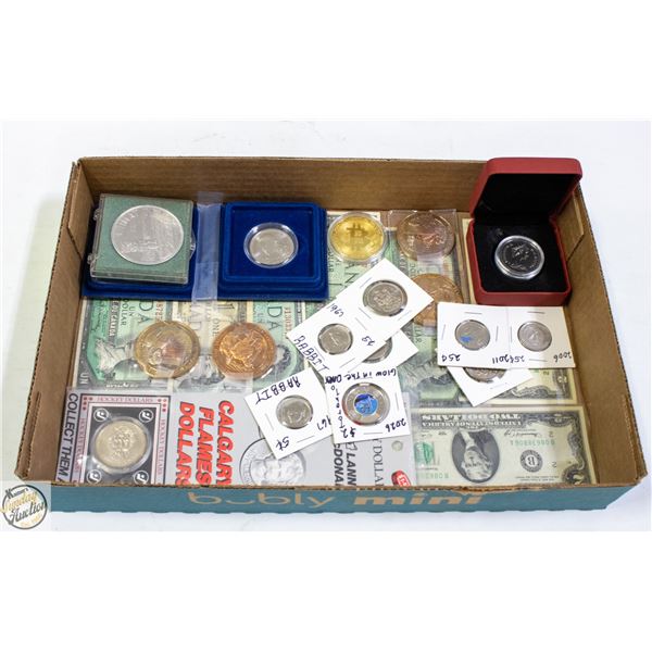 BOX ASSORTED PAPER MONEY AND COINS