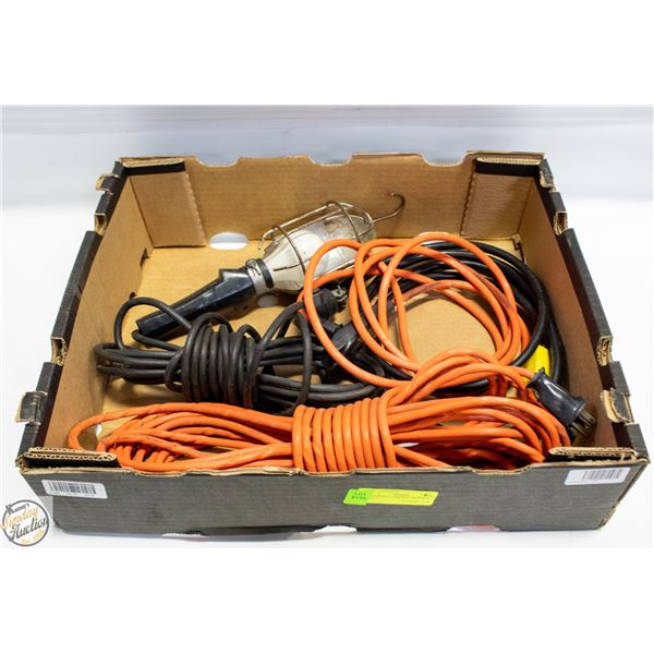 3 EXTENSION CORDS & TROUBLE LIGHT