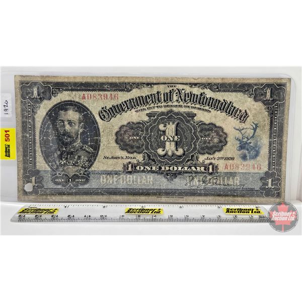 Government of Newfoundland $1 Bill : Treasury Note of 1920 : Renouf/Brownrigg #A083946 (Note: Hole P