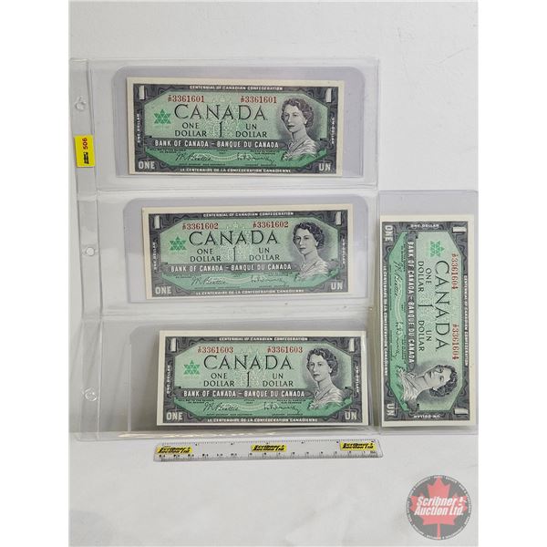 Canada $1 Bills 1967 (4 Consecutive) : Beattie/Rasminsky #IP3361601-602-603-604