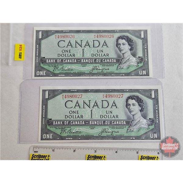 Canada $1 Bills 1954DF "Devil's Face" (2 Consecutive) : Beattie/Coyne #MA4980026-0027